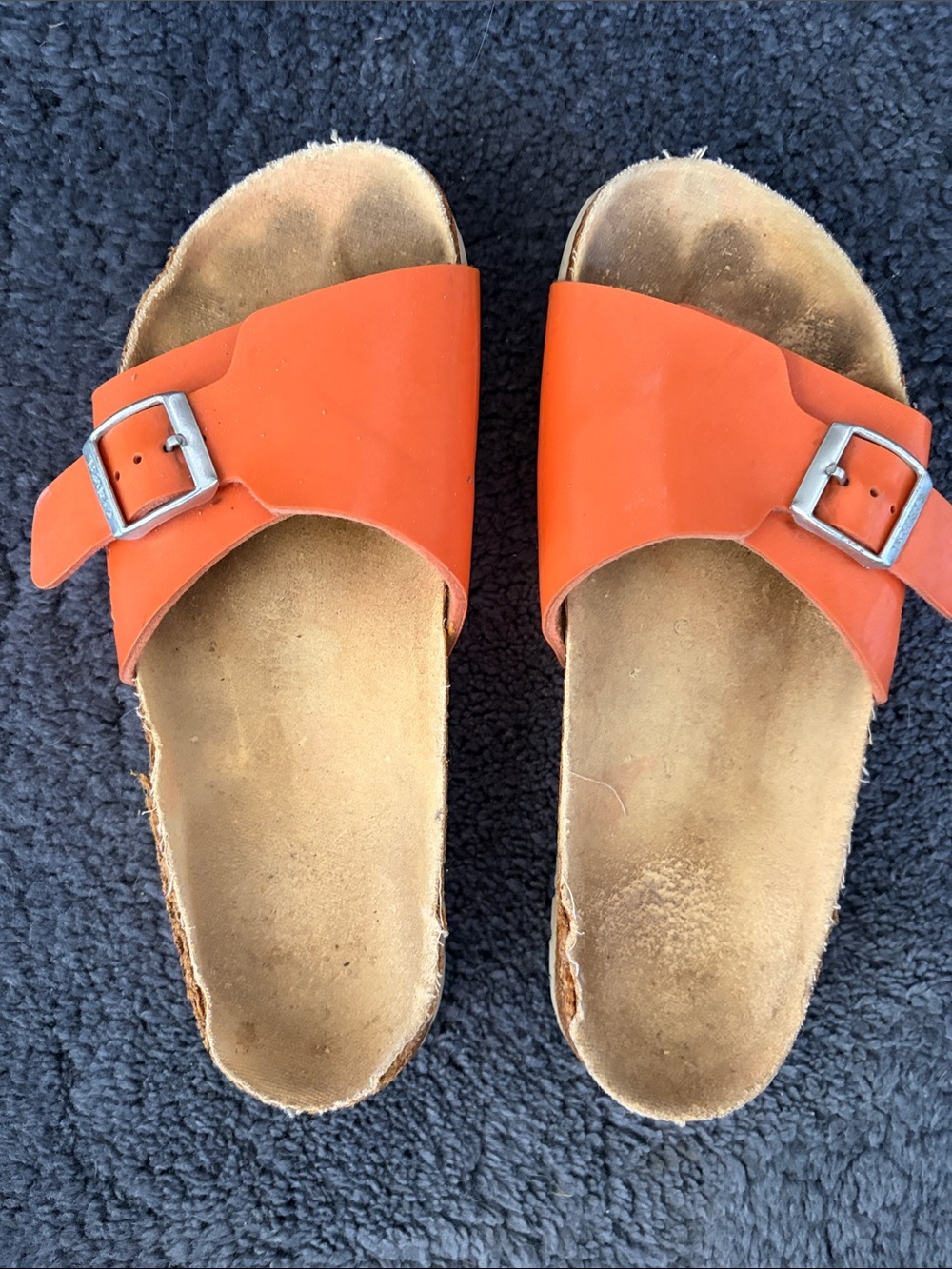 Birkenstock Patent Orange Single-Band Buckle Slide Sandals Size 8
